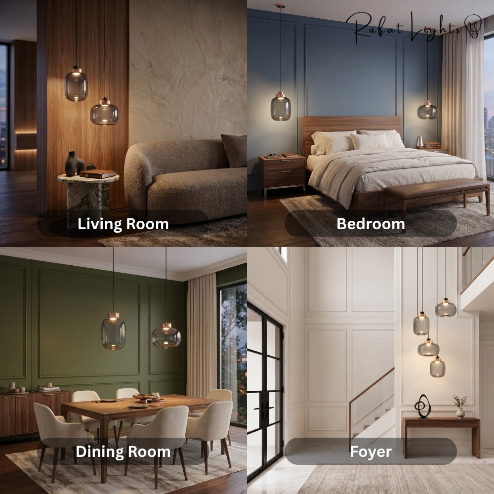 Designer Cylinder Hallow Glass Pendant Light shown in a living room, bedroom, dining room and foyer