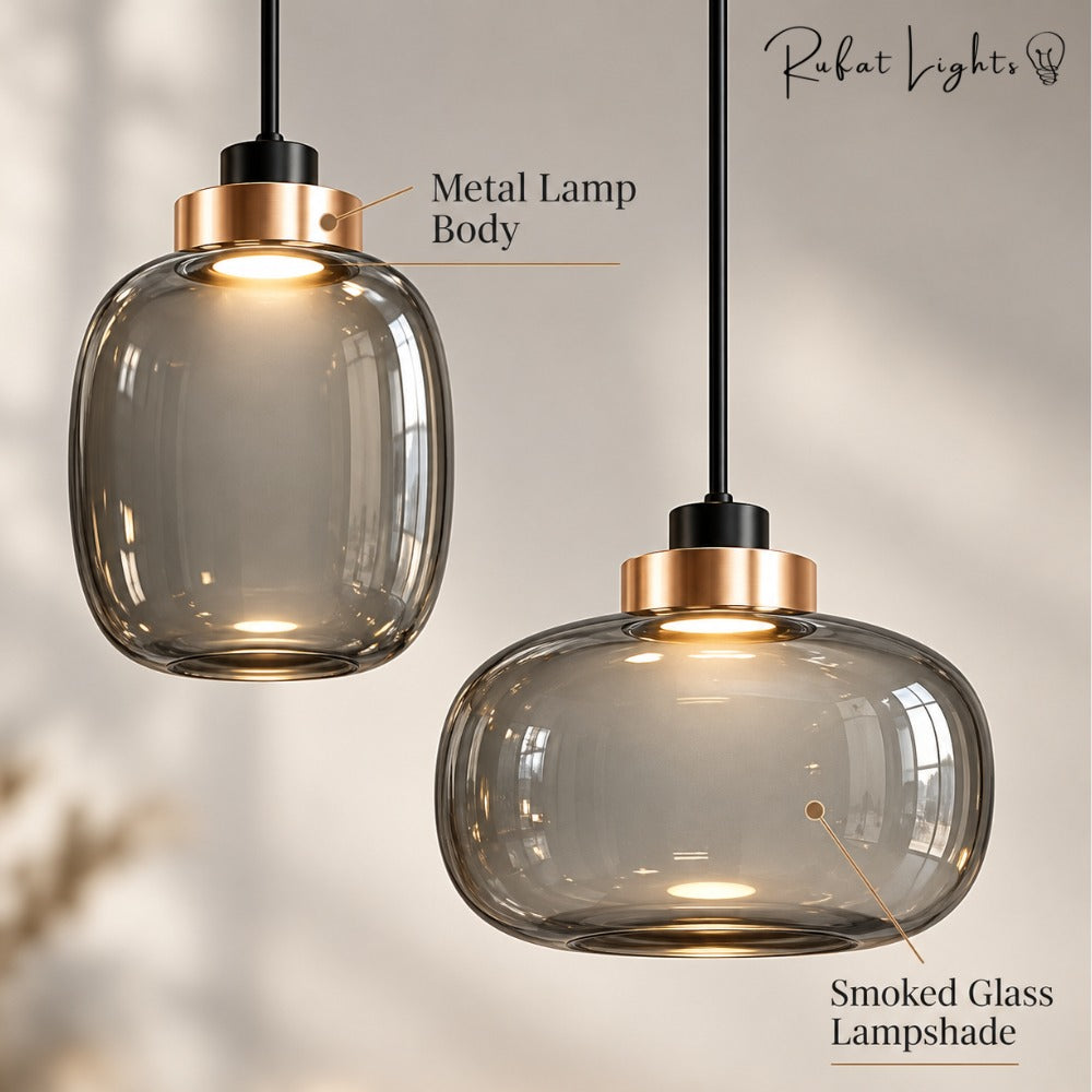Designer Cylinder Hallow Glass Pendant Light metal lamp body and smoked glass lampshade