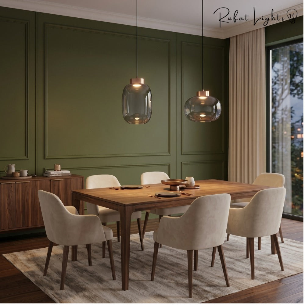 Designer Cylinder Hallow Glass Pendant Light pair above a dining table