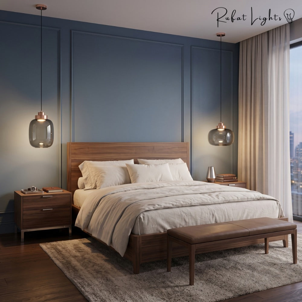 Designer Cylinder Hallow Glass Pendant Light pair beside a bed