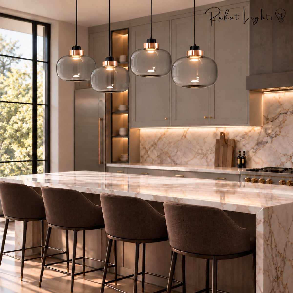 Designer Cylinder Hallow Glass Pendant Light group above a kitchen island