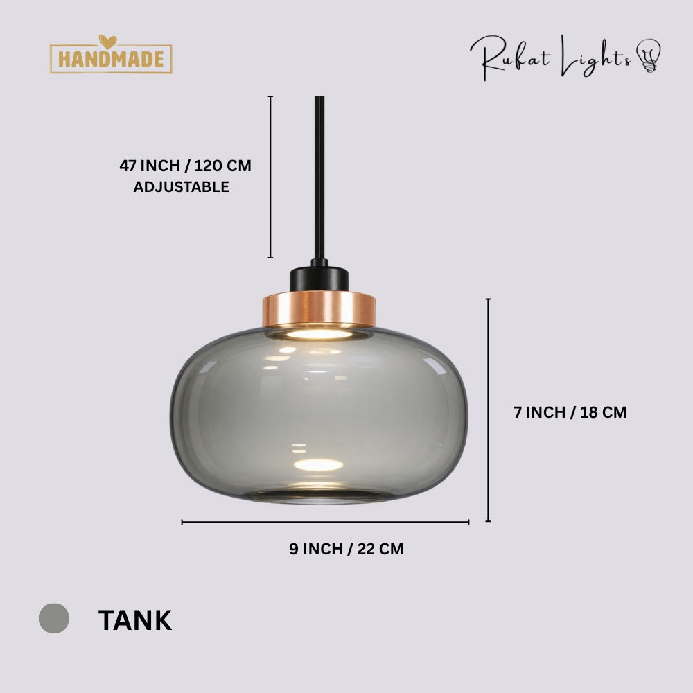 Designer Cylinder Hallow Glass Pendant Light Tank dimensions: 9 in (22 cm) wide, 7 in (18 cm) high, 47 in (120 cm) adjustable hanging length