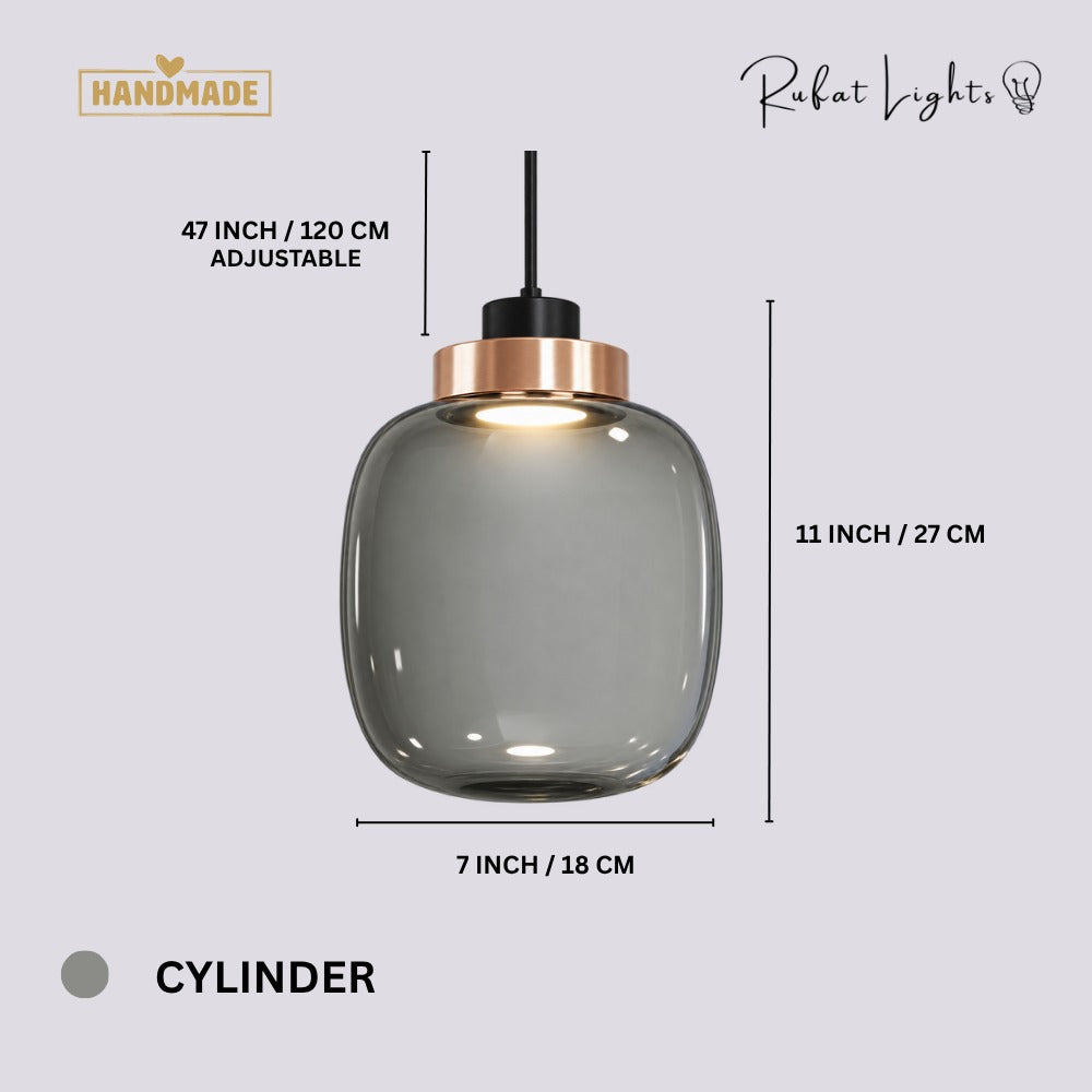 Designer Cylinder Hallow Glass Pendant Light Cylinder dimensions: 7 in (18 cm) wide, 11 in (27 cm) high, 47 in (120 cm) adjustable hanging length