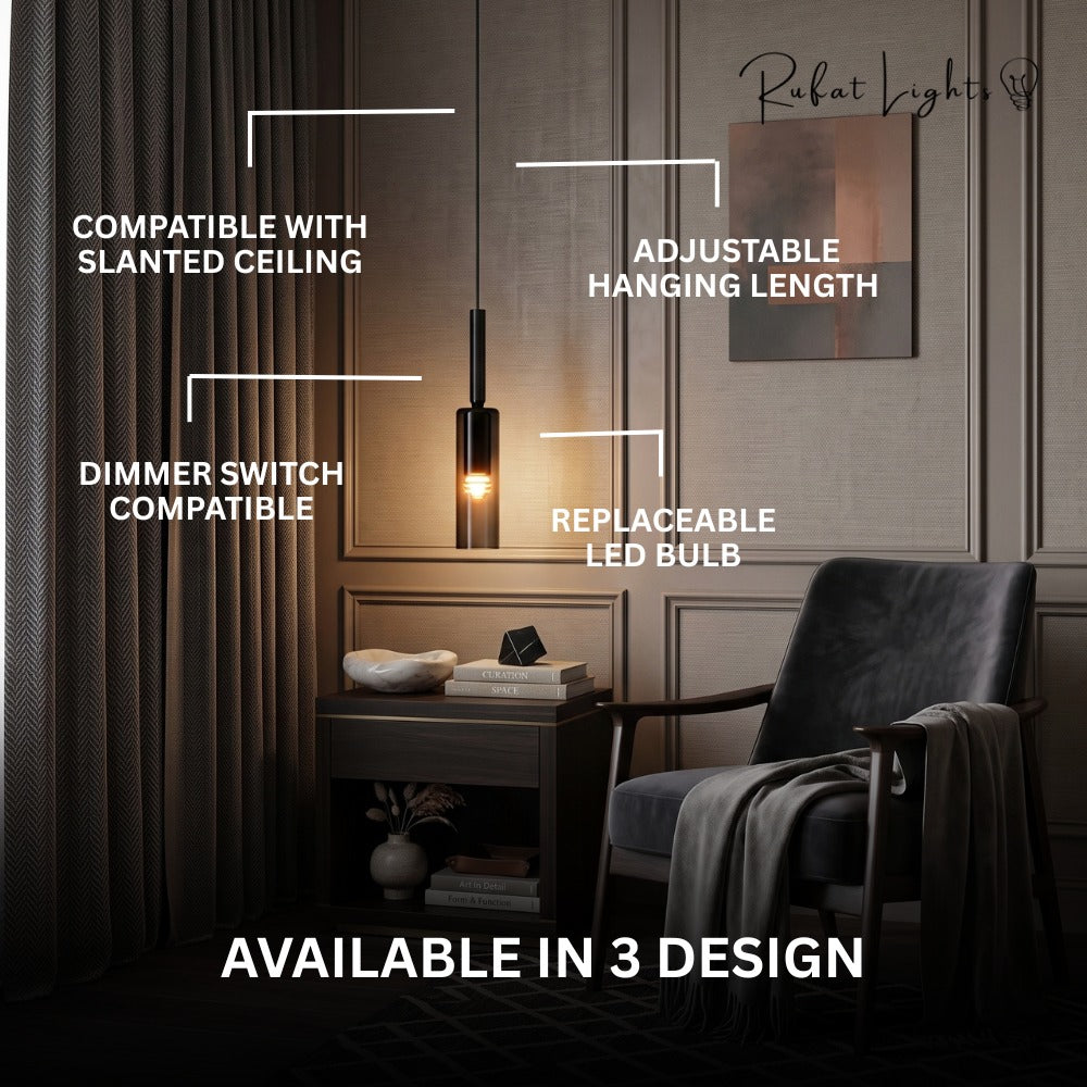 Modern Cylindrical Glass Pendant Light features: compatible with slanted ceiling, adjustable hanging length, dimmer switch compatible, replaceable LED bulb, available in 3 designs