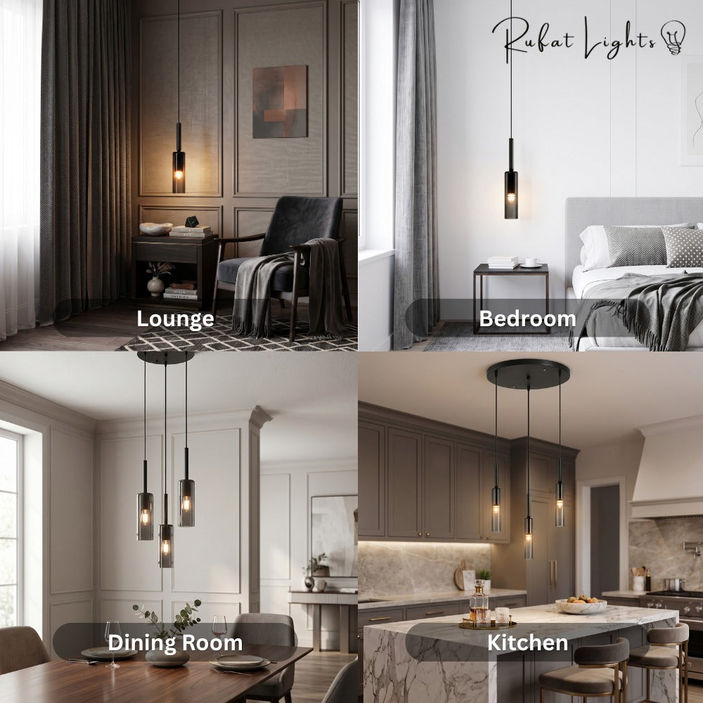 Modern Cylindrical Glass Pendant Light shown in a lounge, bedroom, dining room and kitchen