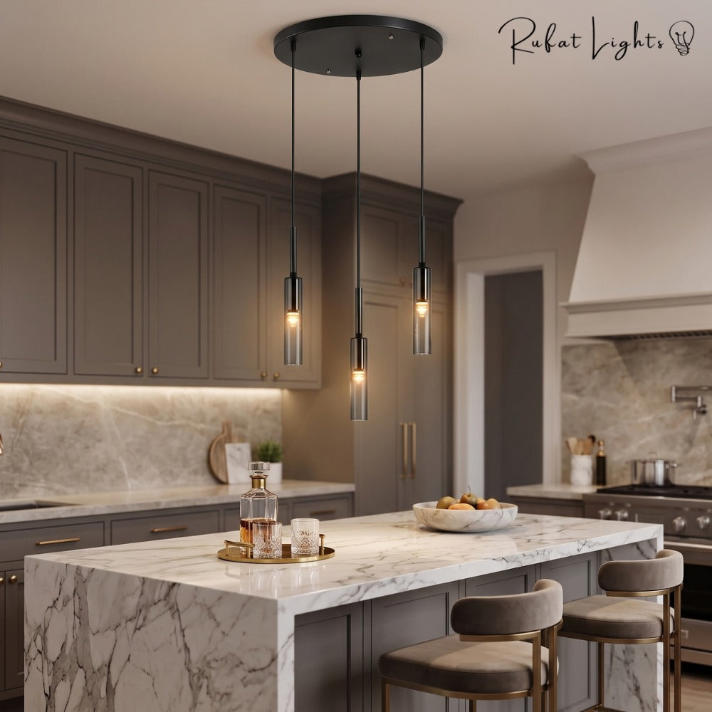 Modern Cylindrical Glass Pendant Light disk above a kitchen island