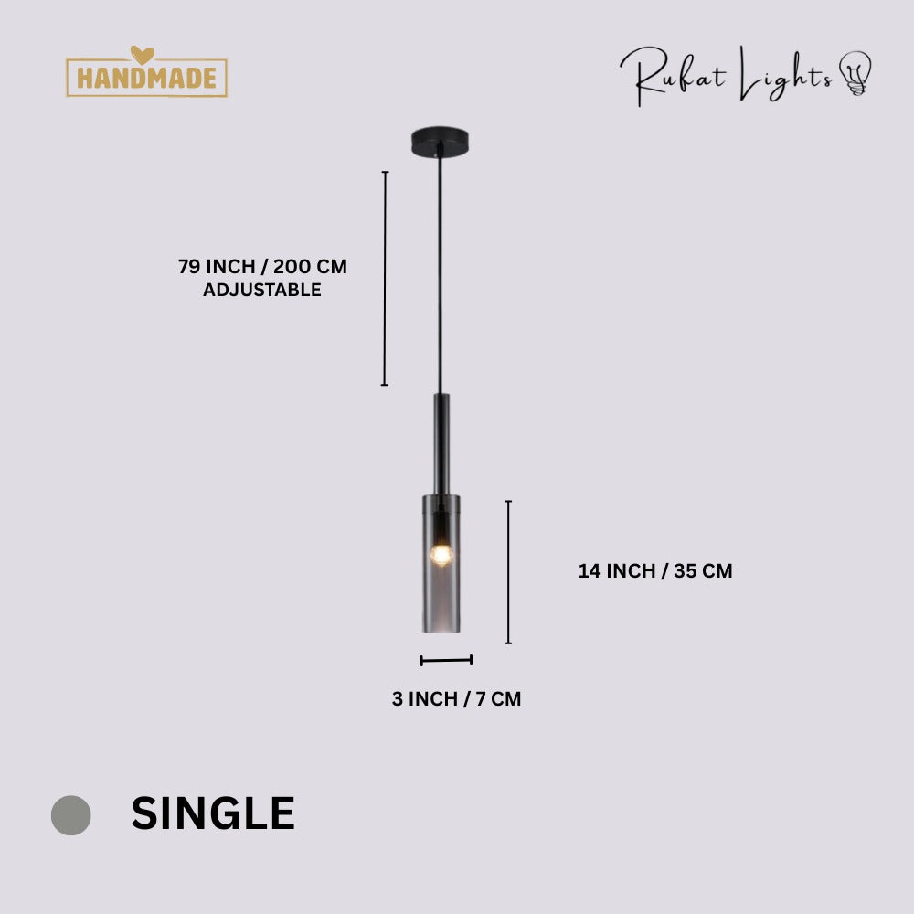 Modern Cylindrical Glass Pendant Light Single dimensions: 3 in (7 cm) diameter, 14 in (35 cm) high, 79 in (200 cm) adjustable hanging length