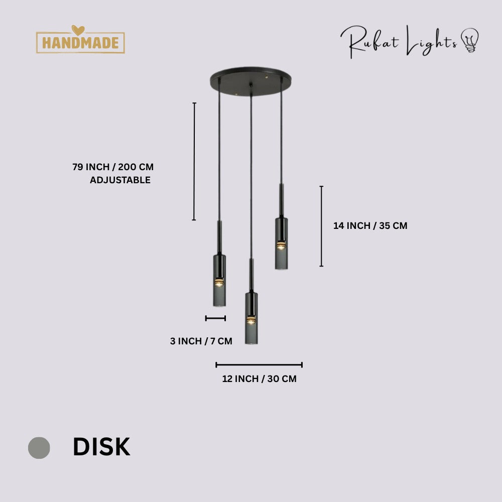 Modern Cylindrical Glass Pendant Light Disk dimensions: 12 in (30 cm) canopy, 3 tubes 3 x 14 in (7 x 35 cm), 79 in (200 cm) adjustable hanging length