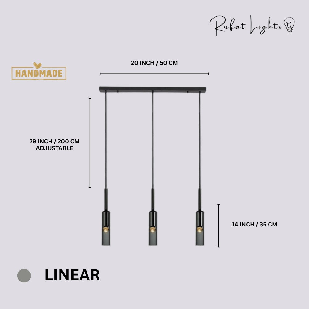Modern Cylindrical Glass Pendant Light Linear dimensions: 20 in (50 cm) canopy, 3 tubes 3 x 14 in (7 x 35 cm), 79 in (200 cm) adjustable hanging length