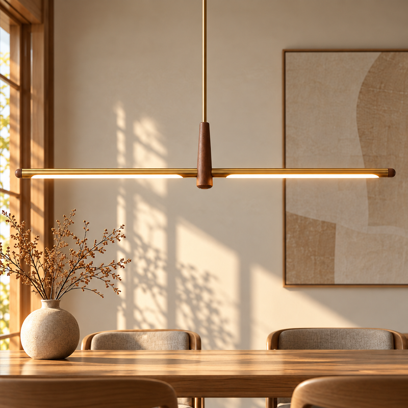 Designer Dining Room Chandelier Light Linear Solid Wood black walnut and gold linear chandelier over a wooden dining table in warm sunlight
