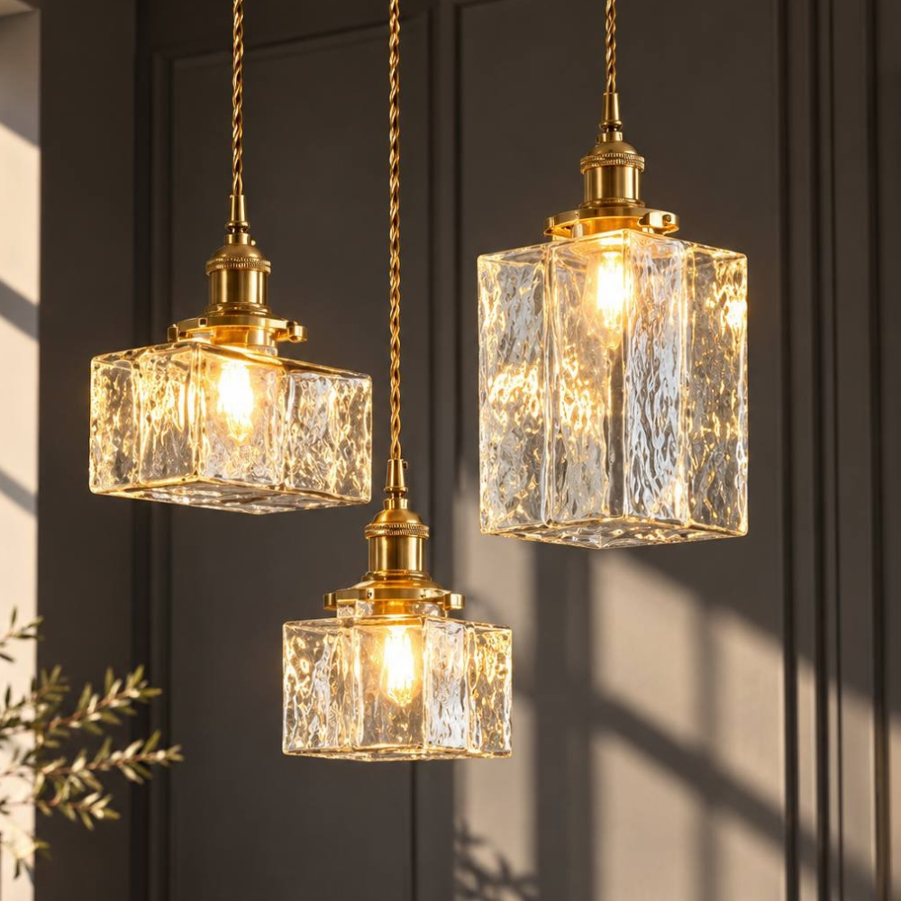Elegance Glass Hanging Pendant Light small, medium and large clear glass pendants with brass holders