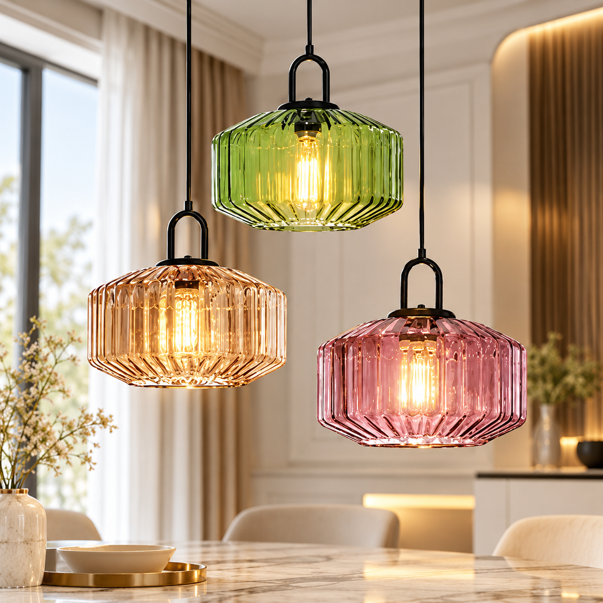 Enchanting Japanese Glass Pendant Light orange, green and purple ribbed glass Japanese pendant lights glowing above a marble table