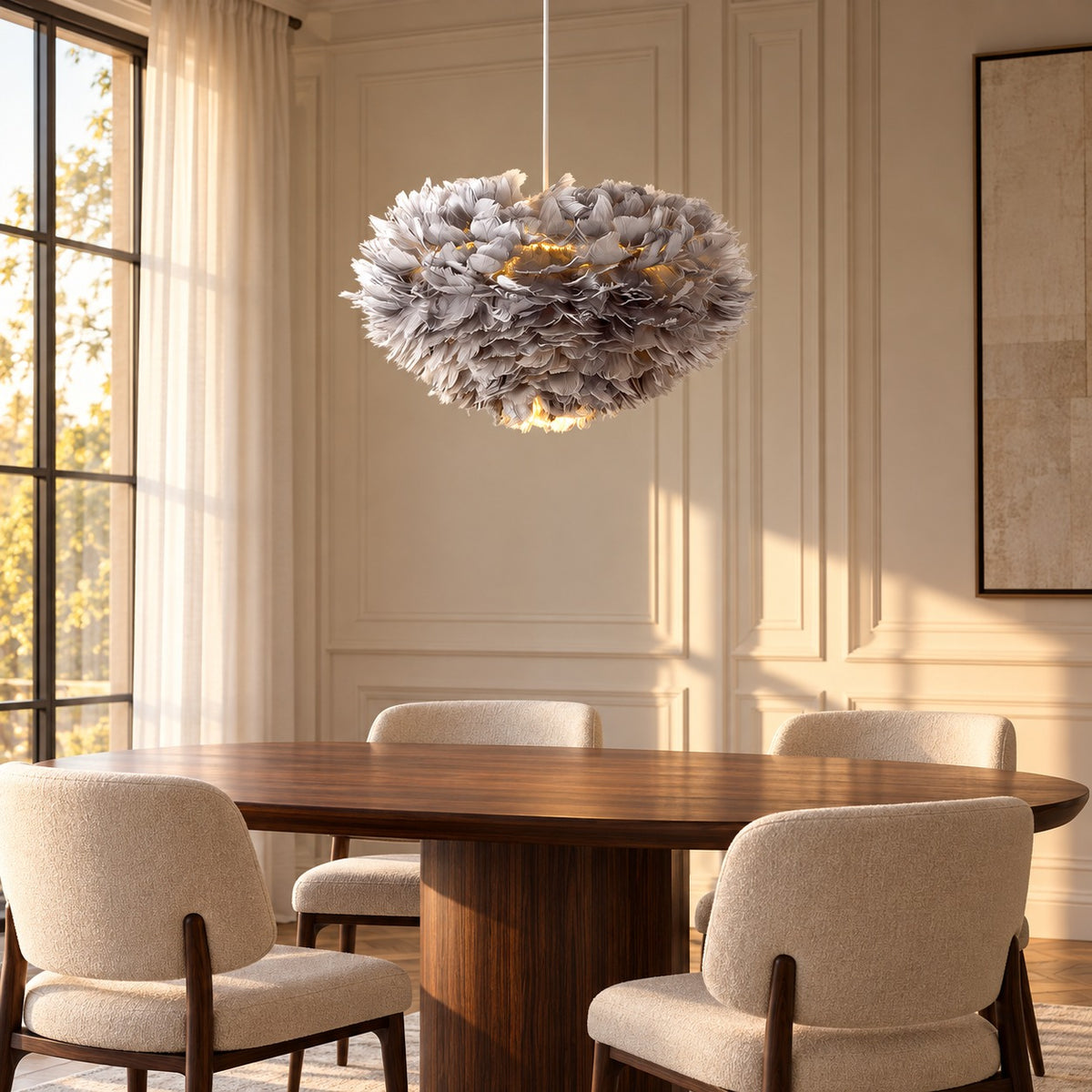 Feather Cloud Fairy Goose Pendant Lamp gray above a dining table