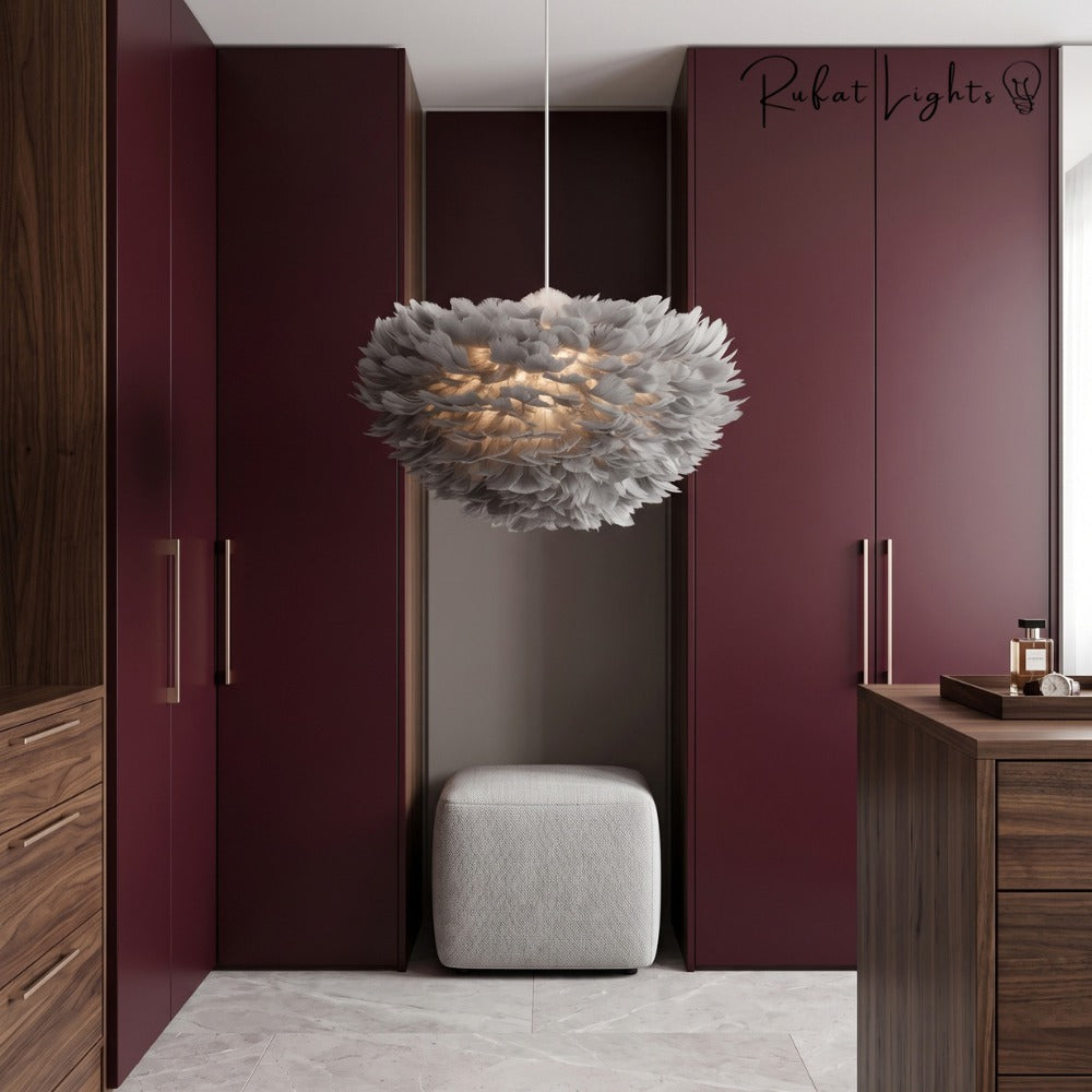 Feather Cloud Fairy Goose Pendant Lamp gray in a dressing room
