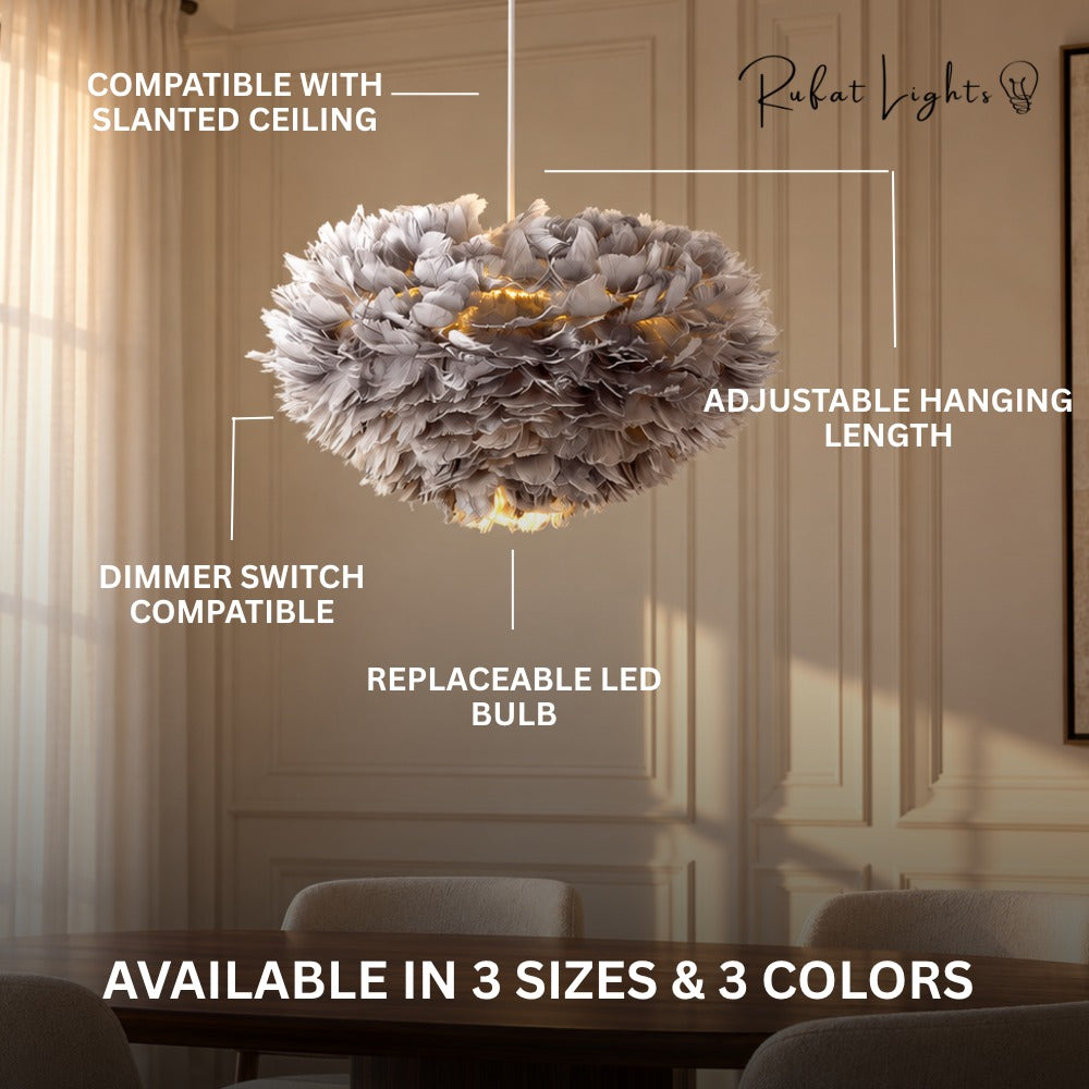 Feather Cloud Fairy Goose Pendant Lamp features: compatible with slanted ceiling, adjustable hanging length, dimmer switch compatible, replaceable LED bulb, available in 3 sizes and 3 colors