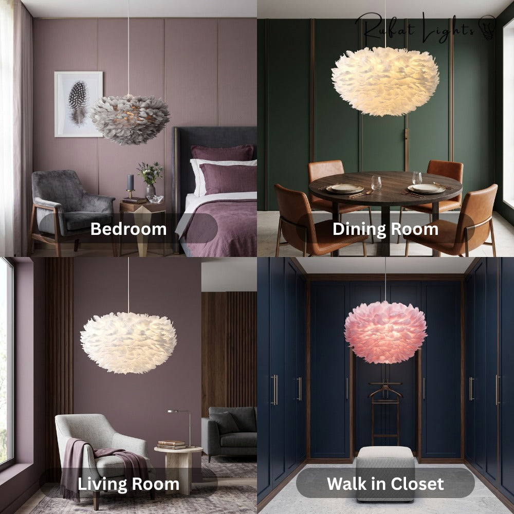 Feather Cloud Fairy Goose Pendant Lamp shown in a bedroom, dining room, living room and walk-in closet