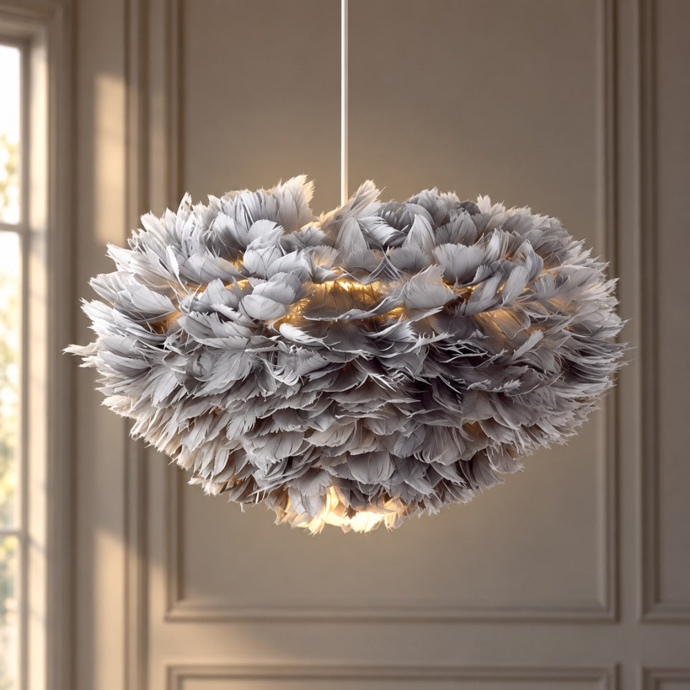Feather Cloud Fairy Goose Pendant Lamp gray feathers close-up