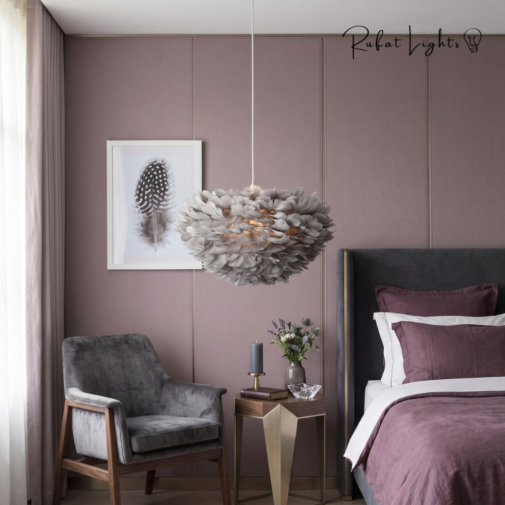 Feather Cloud Fairy Goose Pendant Lamp gray in a bedroom