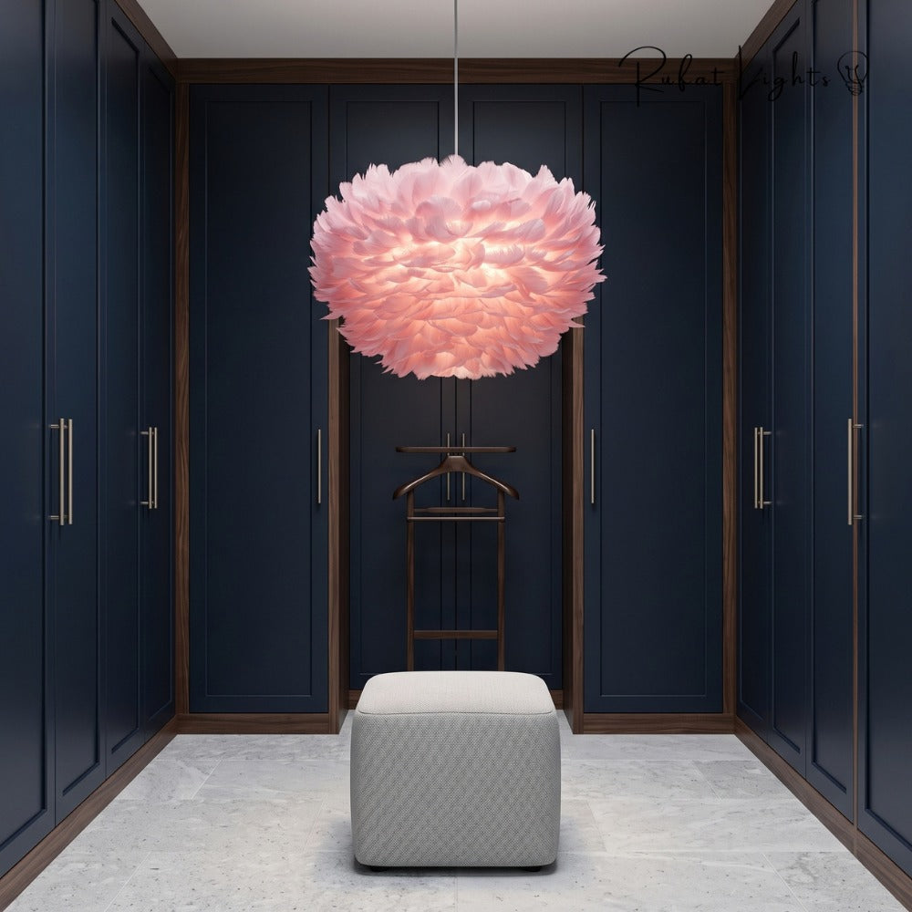 Feather Cloud Fairy Goose Pendant Lamp pink in a walk-in closet