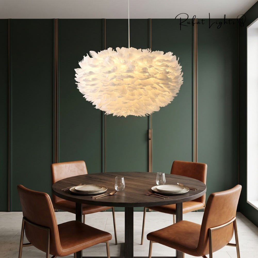 Feather Cloud Fairy Goose Pendant Lamp white above a dining table