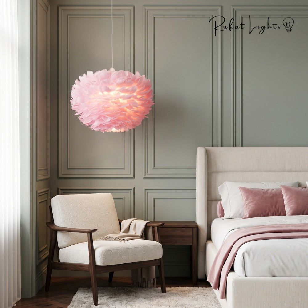 Feather Cloud Fairy Goose Pendant Lamp pink beside a bed