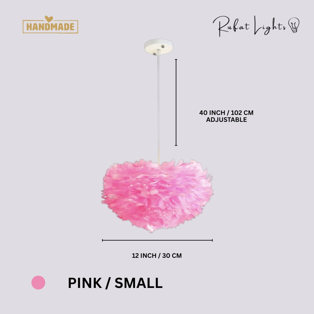 Feather Cloud Fairy Goose Pendant Lamp Pink Small dimensions: 12 in (30 cm) diameter, 40 in (102 cm) adjustable cord