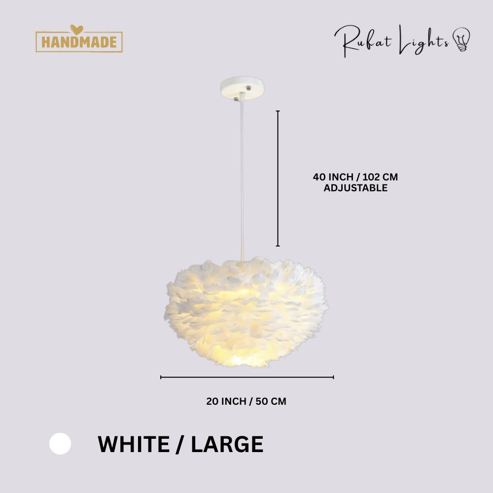 Feather Cloud Fairy Goose Pendant Lamp White Large dimensions: 20 in (50 cm) diameter, 40 in (102 cm) adjustable cord