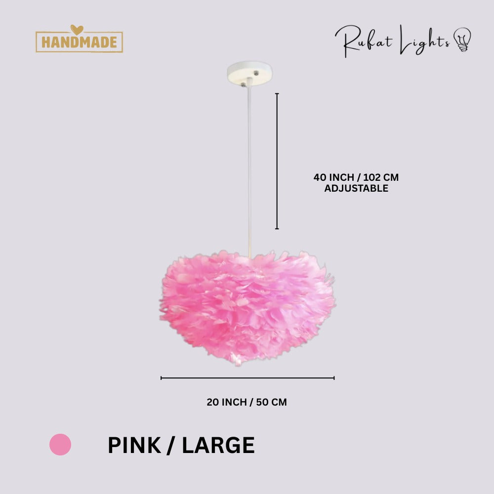 Feather Cloud Fairy Goose Pendant Lamp Pink Large dimensions: 20 in (50 cm) diameter, 40 in (102 cm) adjustable cord