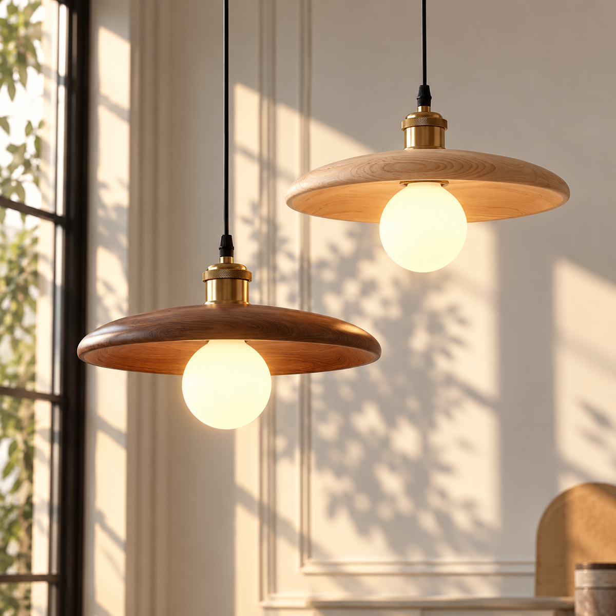 Flying Saucer Wood Pendant Light dark and light wood flying saucer pendant lights with opal globe bulbs glowing in a sunlit room