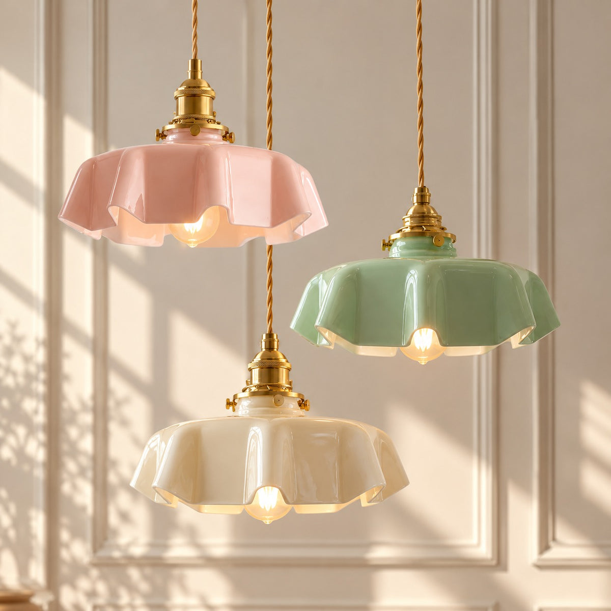 French Glass Floral Pendant Light Light Pink, Light Green and Cream pendant trio
