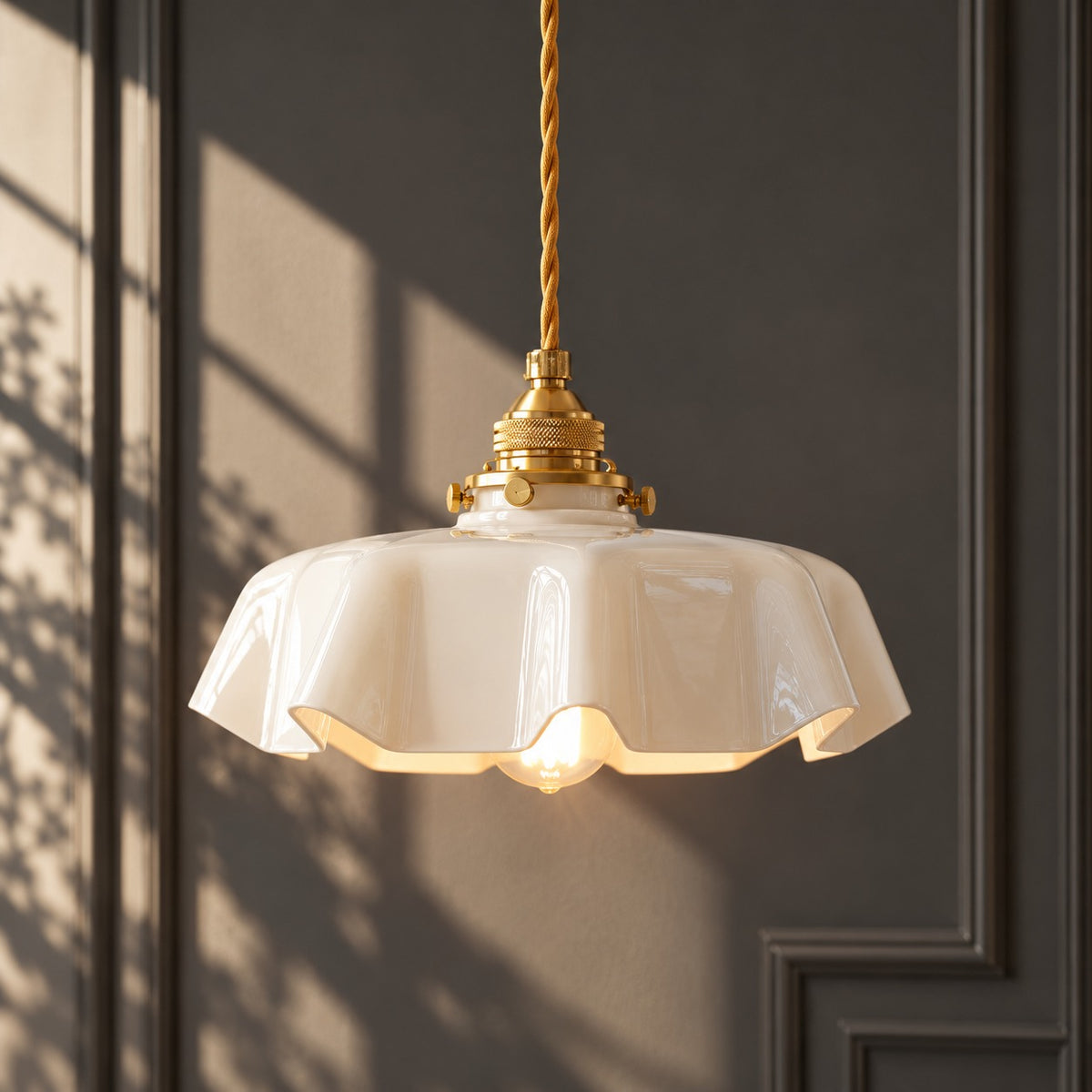 French Glass Floral Pendant Light Cream pendant in a sunlit room