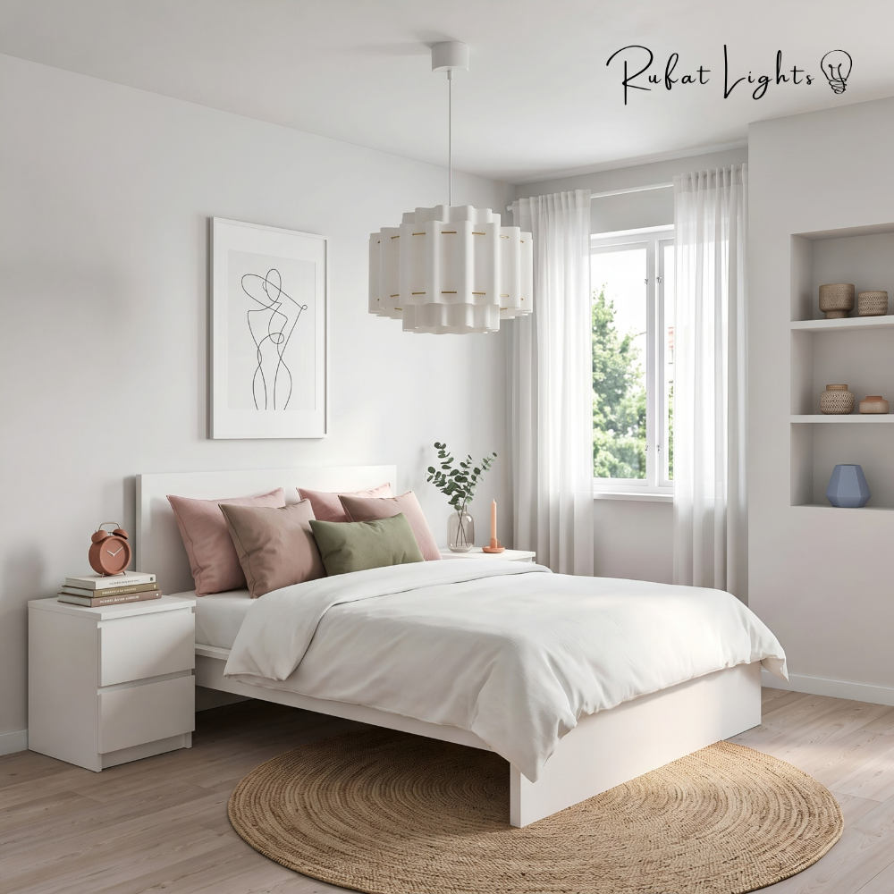 French Wabi-Sabi Light in a white Scandinavian bedroom with rattan rug
