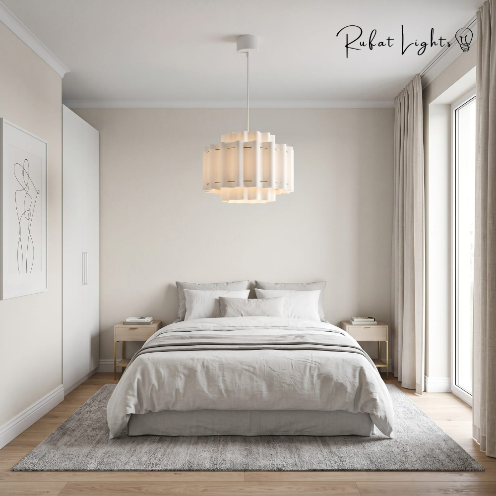 French Wabi-Sabi Light hanging above the bed in a bright modern bedroom