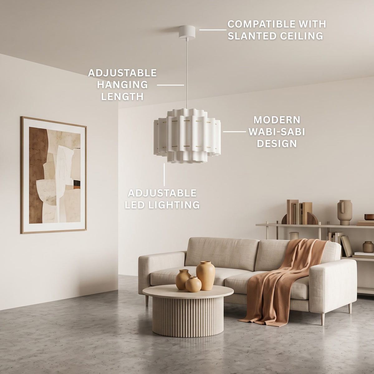 French Wabi-Sabi Light features: adjustable hanging length, compatible with slanted ceiling, modern wabi-sabi design, replaceable LED bulb