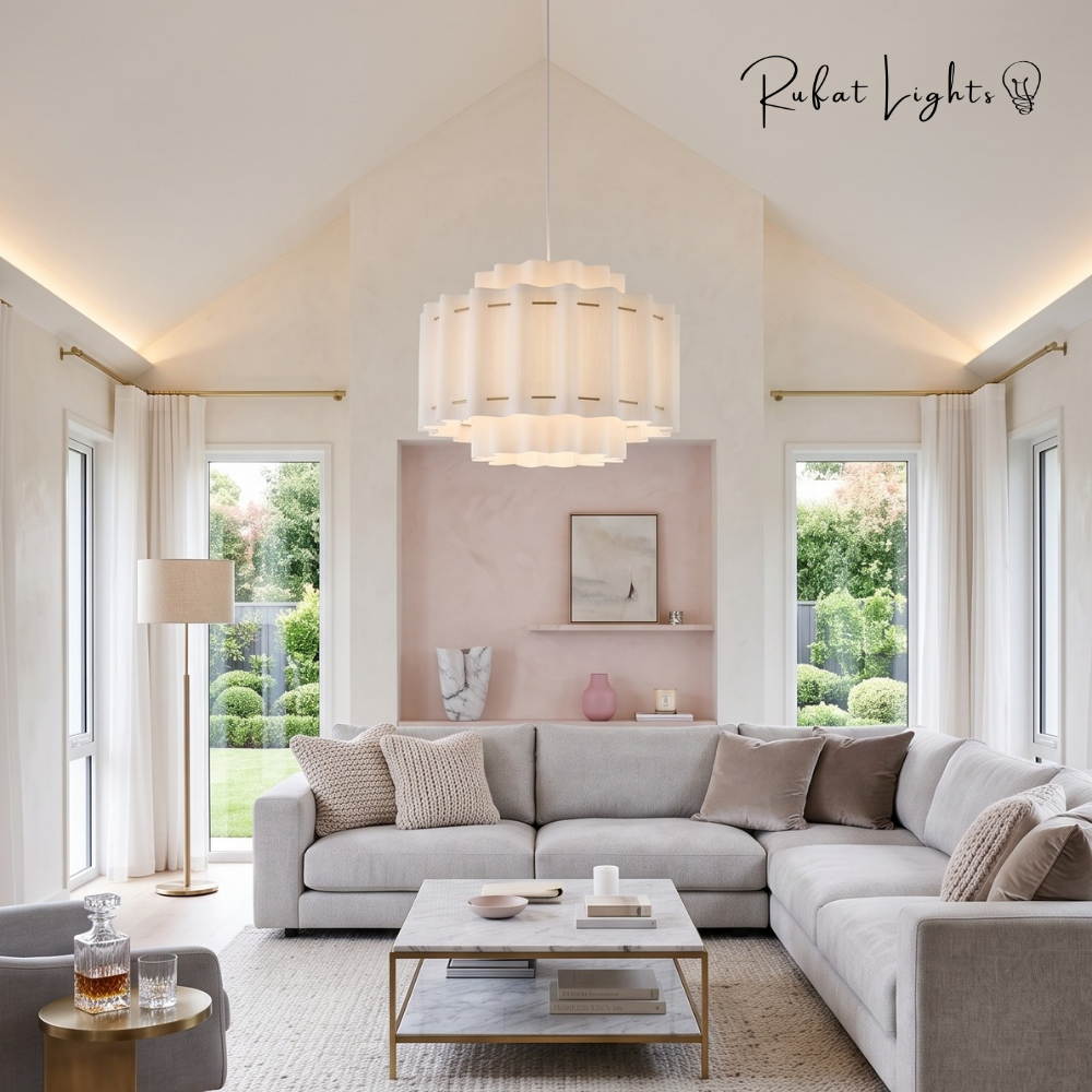 French Wabi-Sabi Light hanging from a vaulted ceiling in a cozy living room