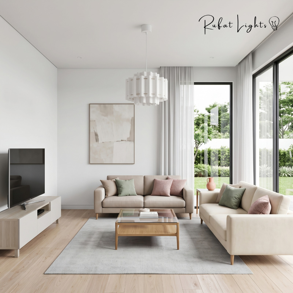 French Wabi-Sabi Light above a coffee table in a modern living room