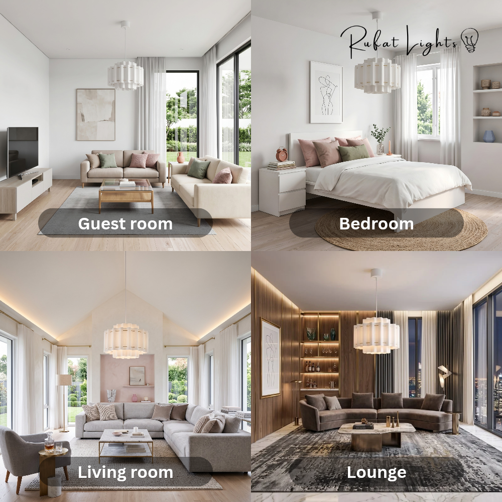 French Wabi-Sabi Light shown in guest room, bedroom, living room and lounge settings