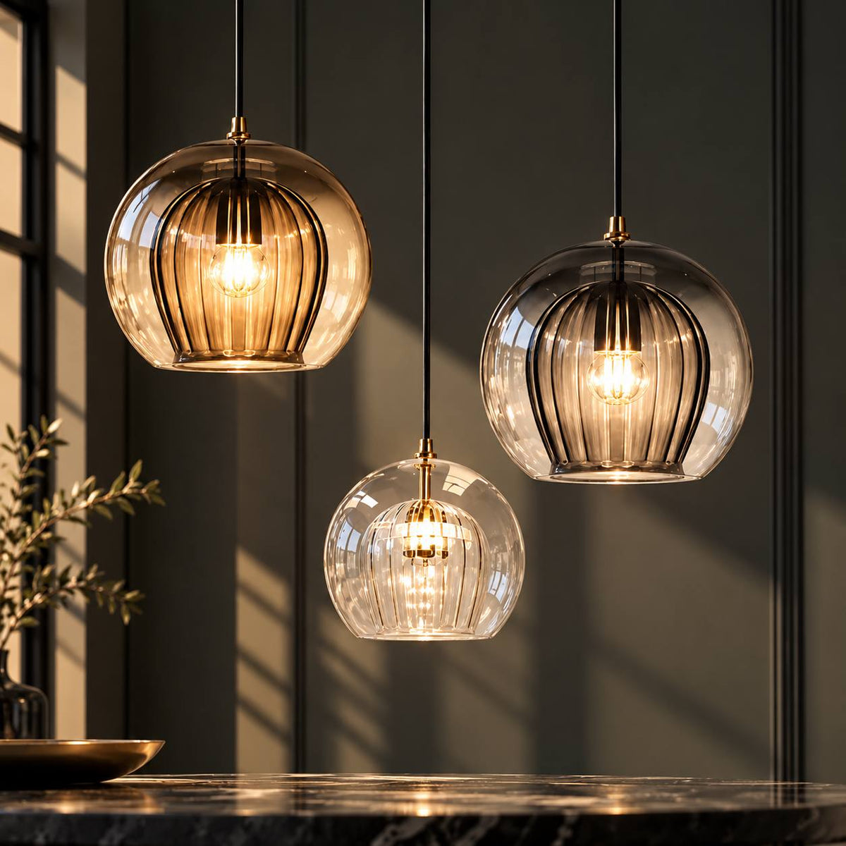 Glass Hanging Pendant Light brown and clear ribbed glass pendants in three sizes