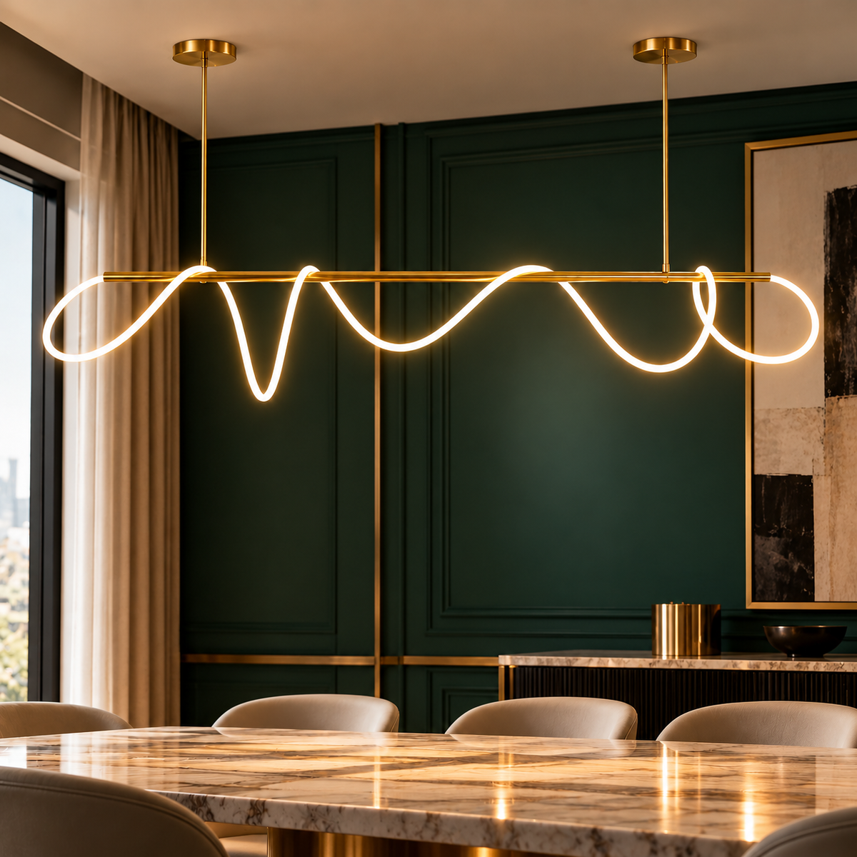Golden Designer Rope LED Chandelier Lamps gold linear rope LED chandelier glowing against a dark green panelled wall