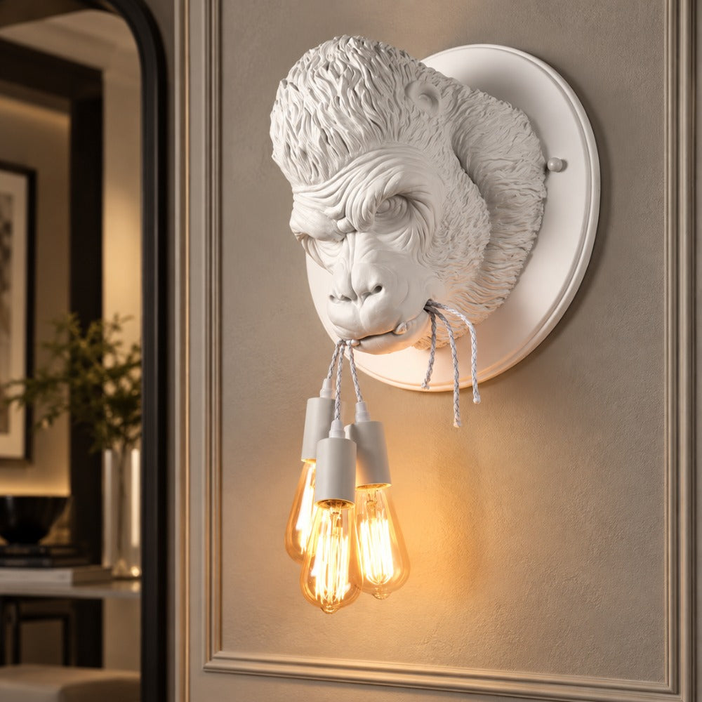 Nordic Resin King Kong Gorilla Wall Lamp in white mounted on a panelled wall