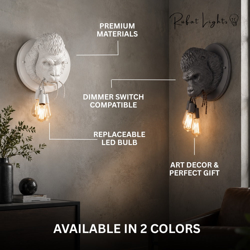 Nordic Resin King Kong Gorilla Wall Lamp features: premium materials, dimmer switch compatible, replaceable LED bulb, art decor and perfect gift, available in 2 colors