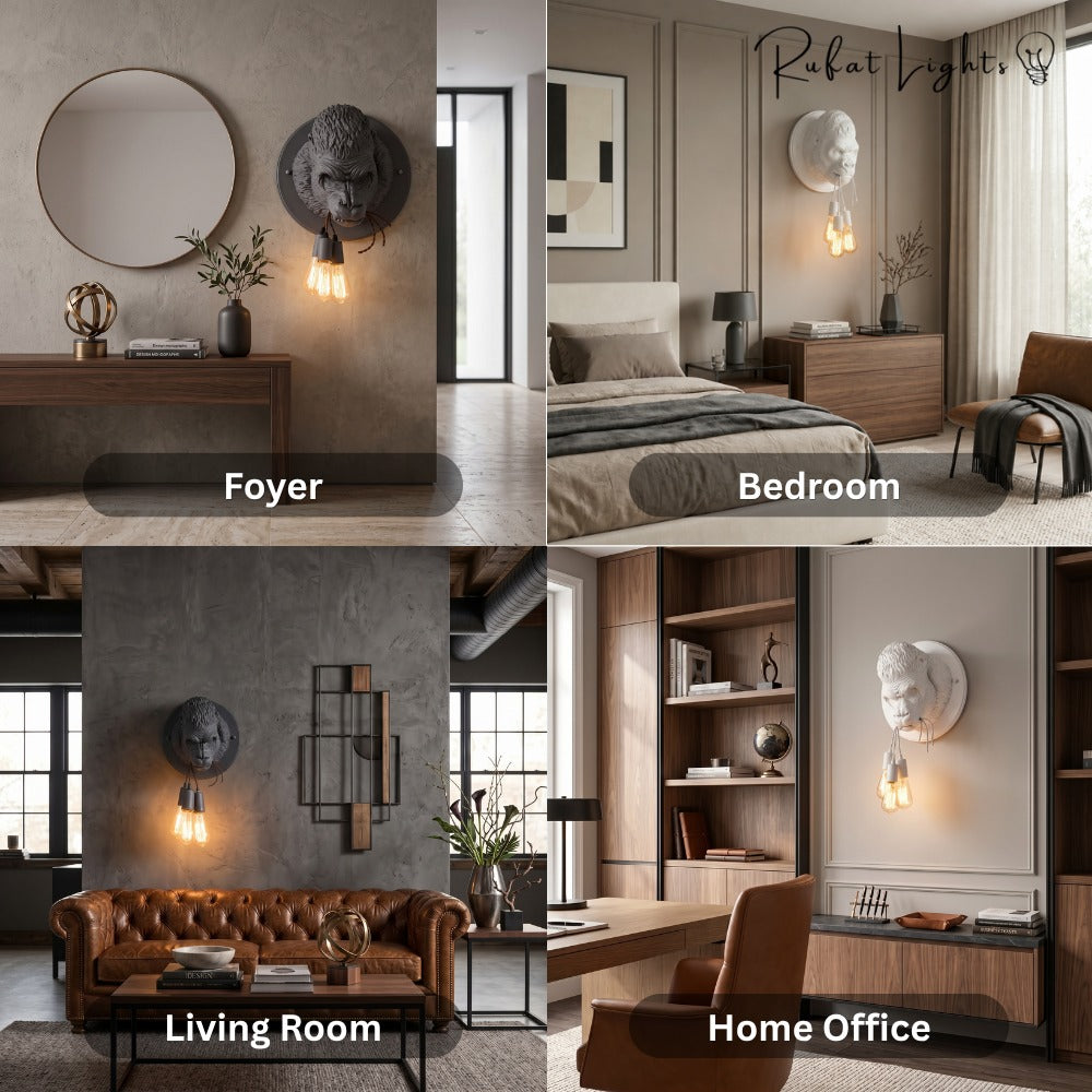 Nordic Resin King Kong Gorilla Wall Lamp shown in foyer, bedroom, living room and home office settings