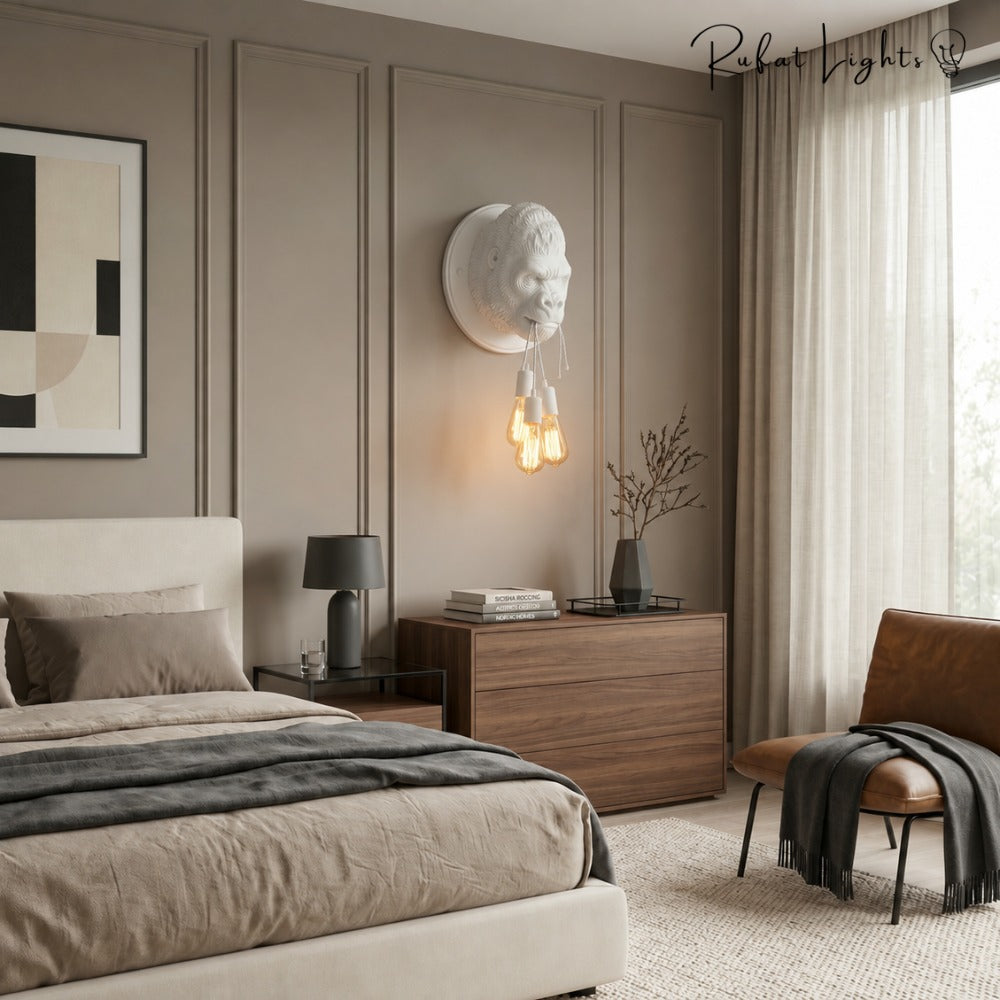 Nordic Resin King Kong Gorilla Wall Lamp in white above a dresser in a bedroom