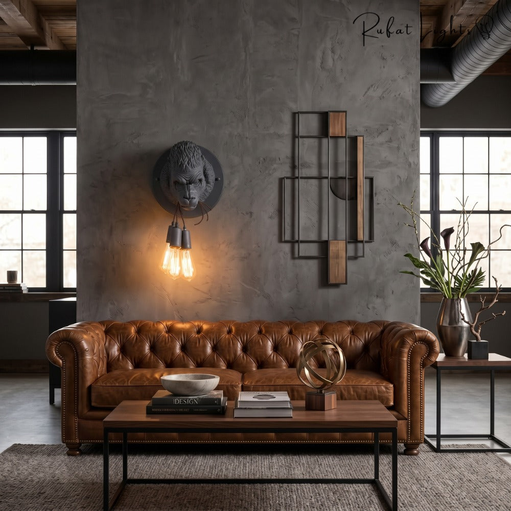 Nordic Resin King Kong Gorilla Wall Lamp in black above a leather sofa in a loft living room