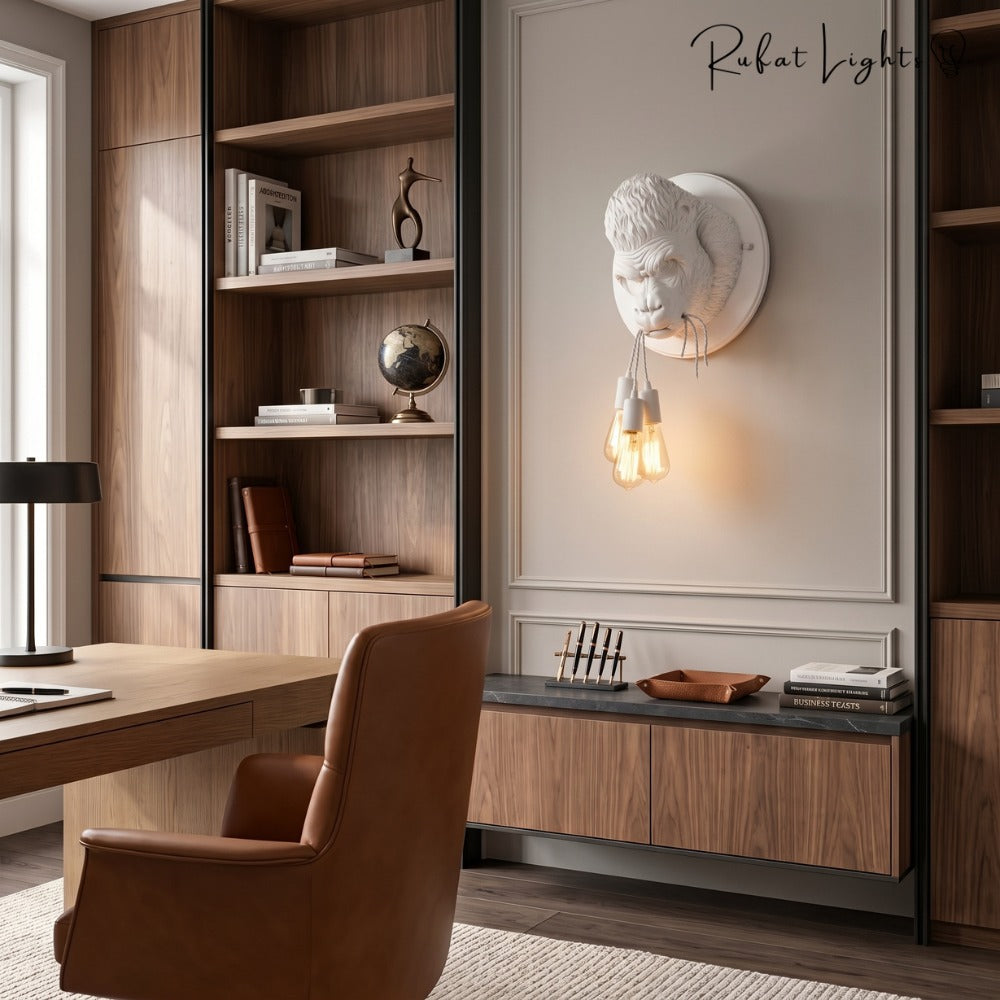 Nordic Resin King Kong Gorilla Wall Lamp in white in a home office with wooden shelves