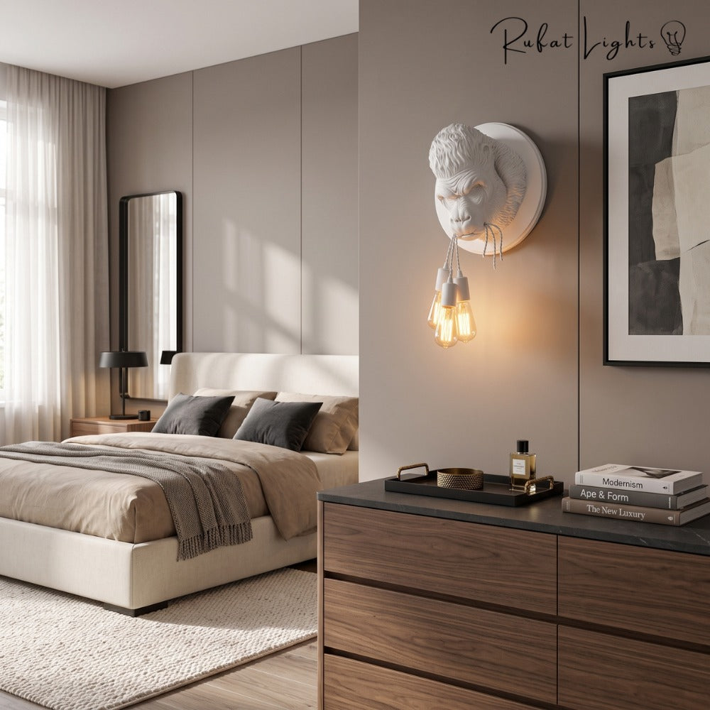 Nordic Resin King Kong Gorilla Wall Lamp in white above a dresser beside a bed