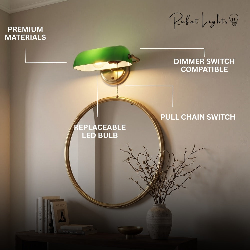 Industrial Vintage Green Banker Wall Lamp features: premium materials, dimmer switch compatible, pull chain switch, replaceable LED bulb