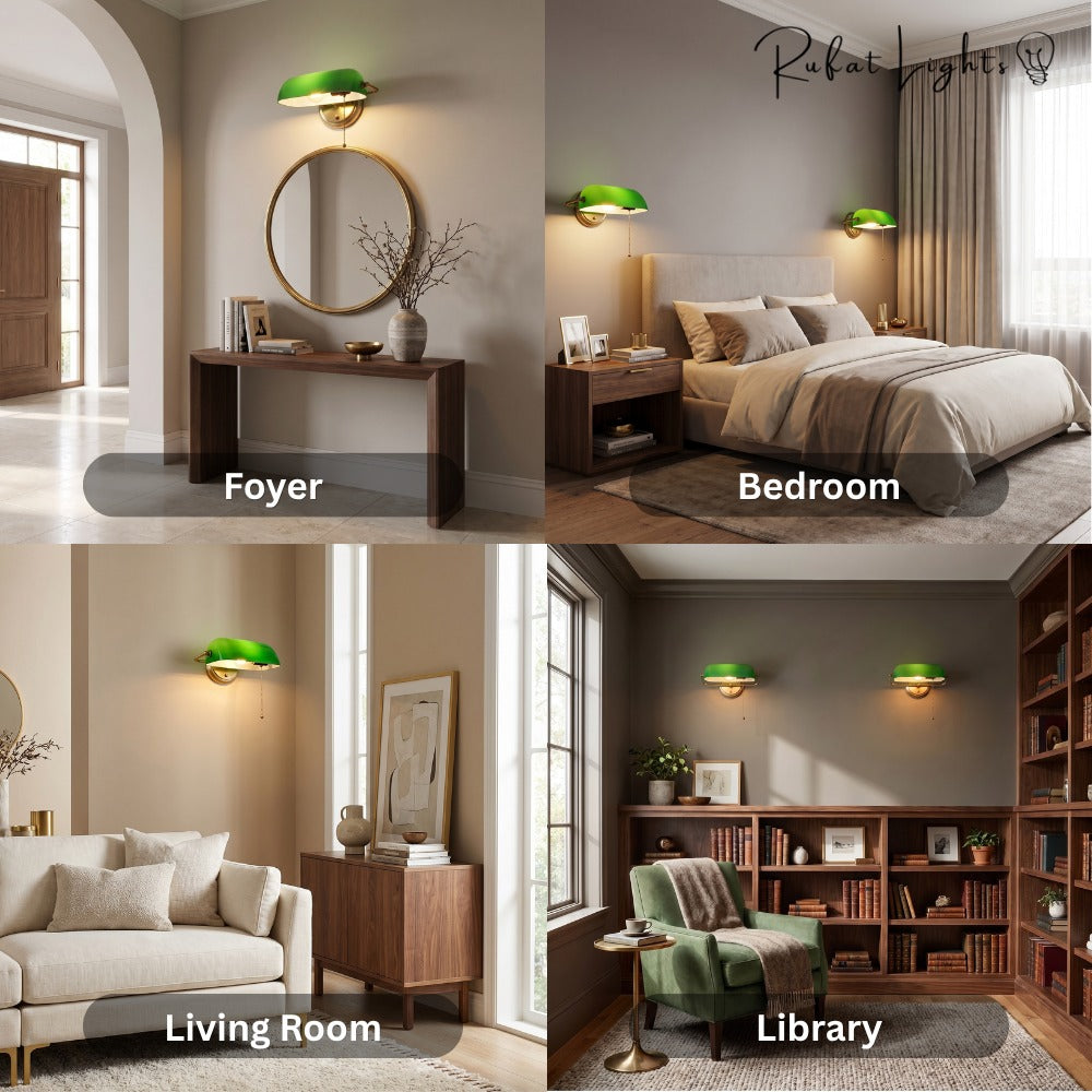 Industrial Vintage Green Banker Wall Lamp shown in foyer, bedroom, living room and library settings