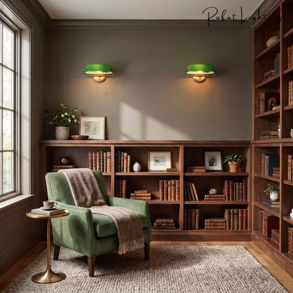 Industrial Vintage Green Banker Wall Lamp pair above bookshelves in a library with a green armchair