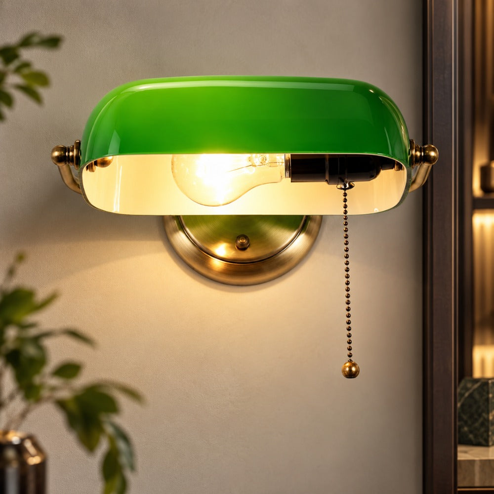 Industrial Vintage Green Banker Wall Lamp close-up of the glowing green glass shade and pull chain